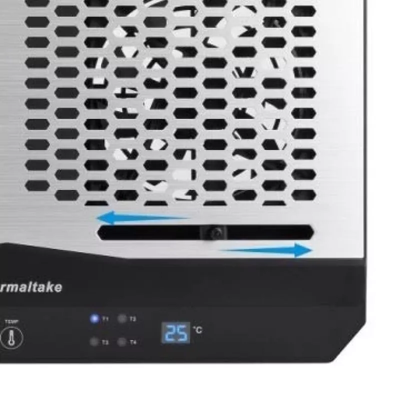 Piezīmjdatora dzesēšanas paliktnis THERMALTAKE CL-N002-PL12BL-A ar 12 cm ventilatoru, alumīnija un plastmasas, 390×277,5×49,3 mm, 1000–1300 apgr./min