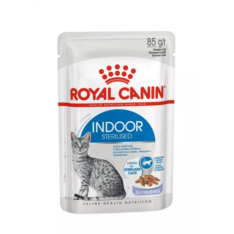Mitrā kaķu barība Royal Canin Indoor Sterilized 85 g paciņa — pieaugušiem kastrētiem iekštelpu kaķiem, mājputnu garšas, iepakojumā 12 x 85 g