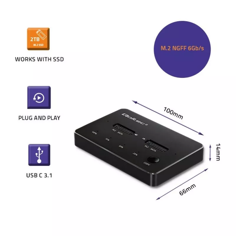 Qoltec 50310 Drive dokstacija 2x SSD M.2 SATA NGFF USB Type C