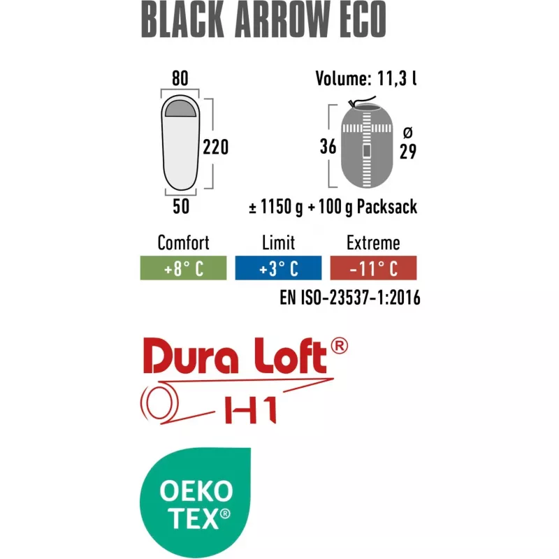 mūmijas formas guļammaiss Melns Arrow ECO (tumši zaļš/sarkans)