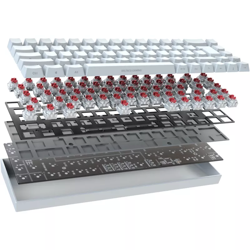 Deltaco GAM-100-W-DE. Tastatur Formfaktor: 65%. Tastatur-Stil: Gerade. Geräteschnittstelle: USB + Bluetooth, Tastatur-Key Switch: Mechanischer Switch,