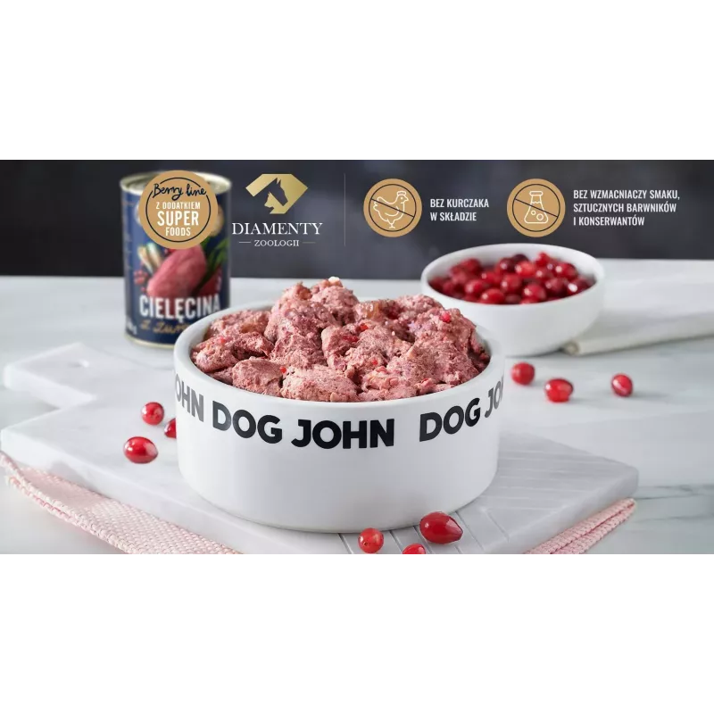 Mitrā suņu barība john dog BERRY Adult teļa gaļa ar dzērvenēm 800 g — monoproteīna barība, pilnvērtīga barība, konservu kārba