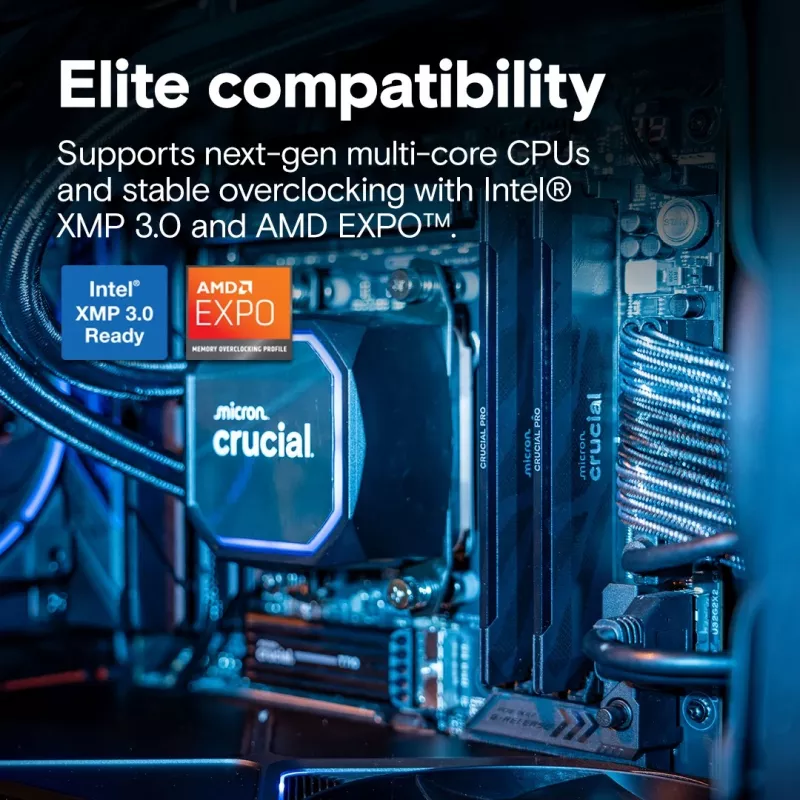 Crucial CP2K16G64C32U5B PRO Gaming OC DIMM Kit, 32GB, DDR5, 6400 Mhz, CL32, Black