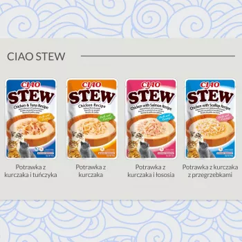 Slapjie kaķu našķi INABA Ciao Stew vista un vēžveidīgais jūras gliemezis paciņa 40 g — bez graudiem, pieaugušiem kaķiem, gaļīgi