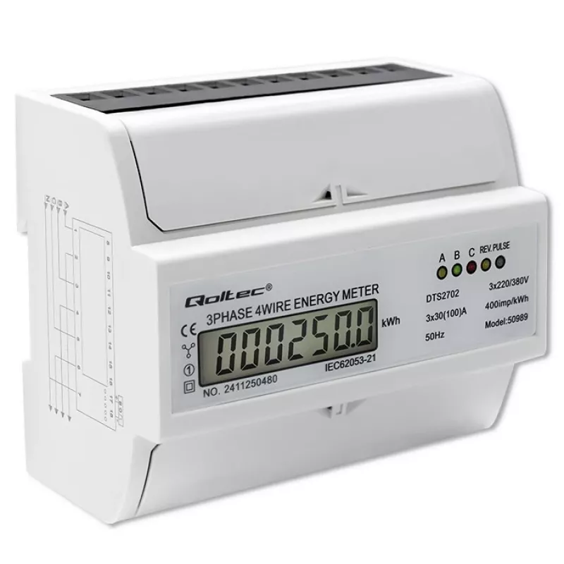 Qoltec Trīsfāzu divvirzienu elektroniskais skaitītājs | DIN sliedes enerģijas patēriņa mērītājs | 400V | 100A | LCD | 4P