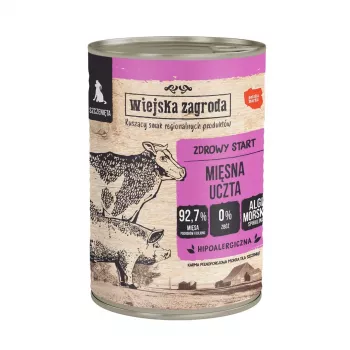 Mitrā suņu barība wiejskazagroda tītars ar jēra gaļu 800 g bundža, 82,2% mitruma, 8% olbaltumvielu, 2,7% tauku