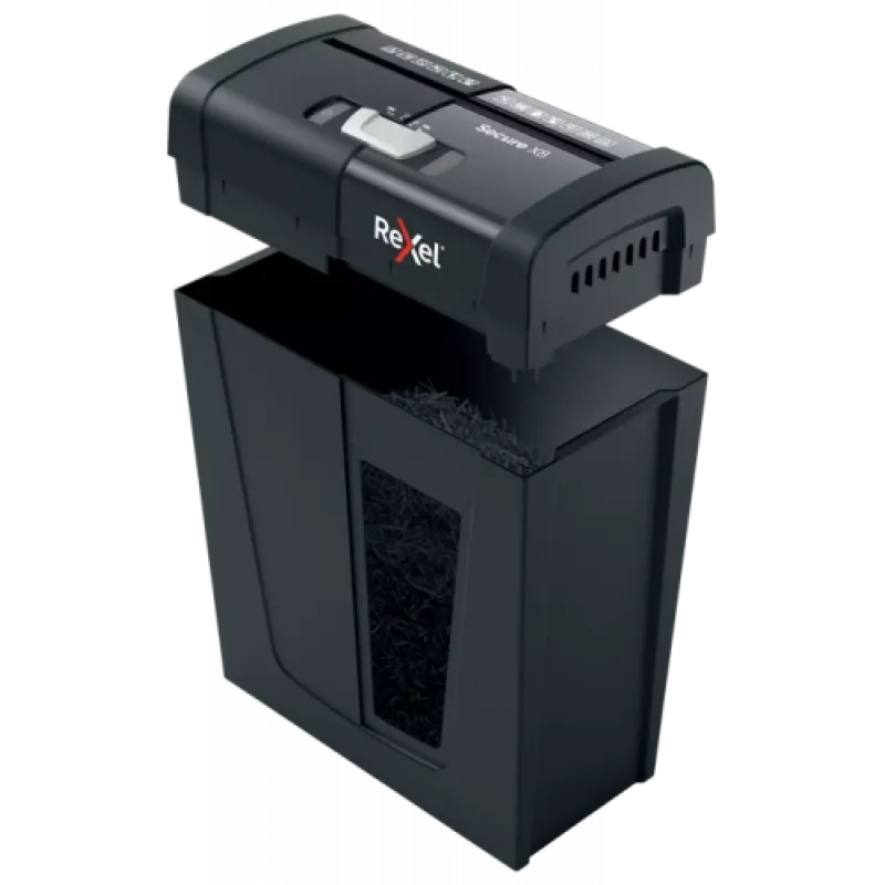 Papīra smalcinātājs REXEL Secure X8 — šķērsgriezuma P-4, 4x40 mm, 8 lapu ietilpība, 14 l tvertne, melns