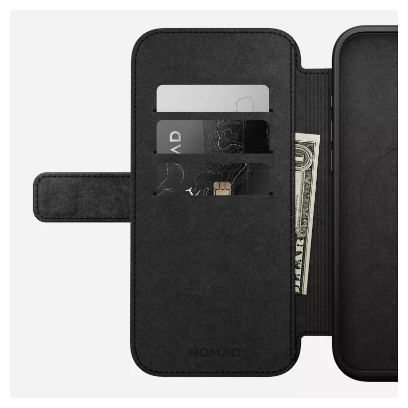 Folio telefona maciņš Nomad NM01675785 Apple tālruņiem, der ekrāniem līdz 17,5 cm (6,9 collas), melns, 3 karšu kabatiņas, galda statīvs