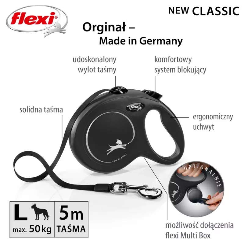 Ievelkamā suņu pavada Flexi New Classic L 5 m Melna – aukla, lielām šķirnēm (25–45 kg), maks. slodze 50 kg