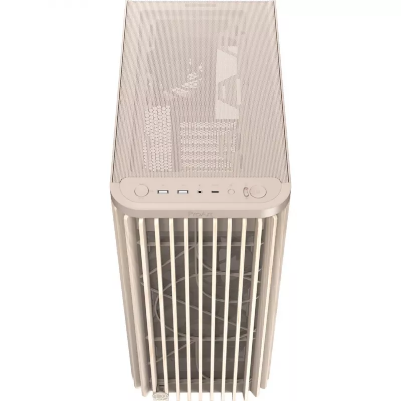 Datora korpuss ASUS PROART PA401 WOOD TG PWM BEIGE — ATX, 503×225×412 mm, 2×3,5 collas/2×2,5 collas, GPU līdz 315 mm
