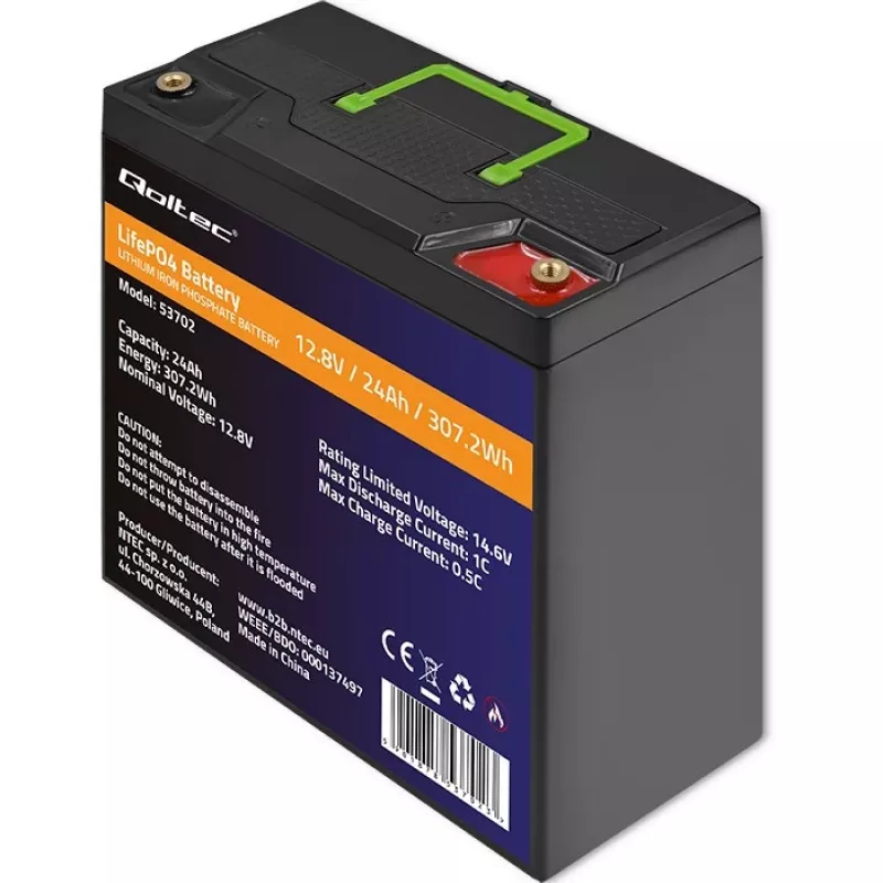Qoltec 53702 LiFePO4 litija dzelzs fosfāta akumulators | 12.8V | 24Ah | 307.2Wh | BMS