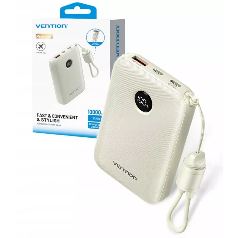 Ārējais akumulators Vention FKAN0-C 10000 mAh — 2× USB-C, 1× USB-A, 22.5 W, Bēša