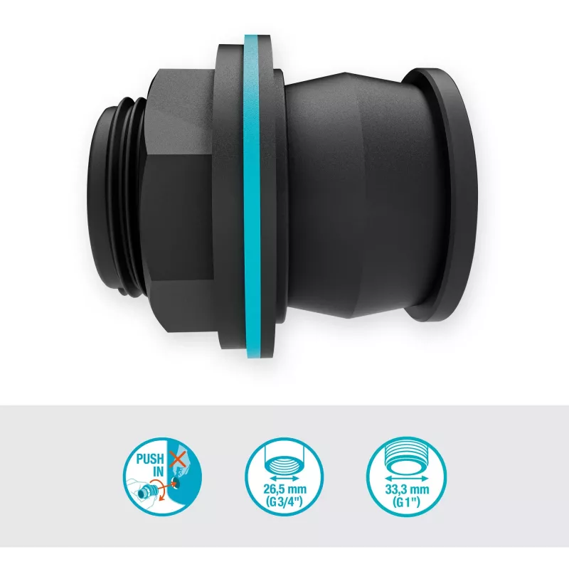 tank connector Push IN, G 1 un G 3/4 (melns, sienu biezumam 2-10 mm)