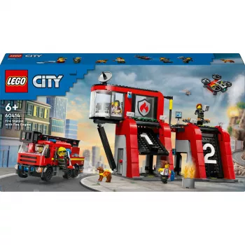 Konstrukciju rotaļlieta LEGO City Ugunsdzēsēju stacija ar grozāmo kāpņu transportlīdzekli 60414 — 843 detaļas, 5 minifigūras, 220×320×140 mm