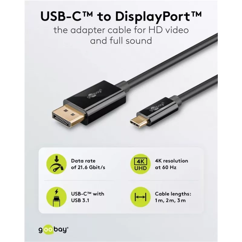 USB-C uz DisplayPort kabelis GOOBAY 75704, 1 m, līdz 4K@60Hz