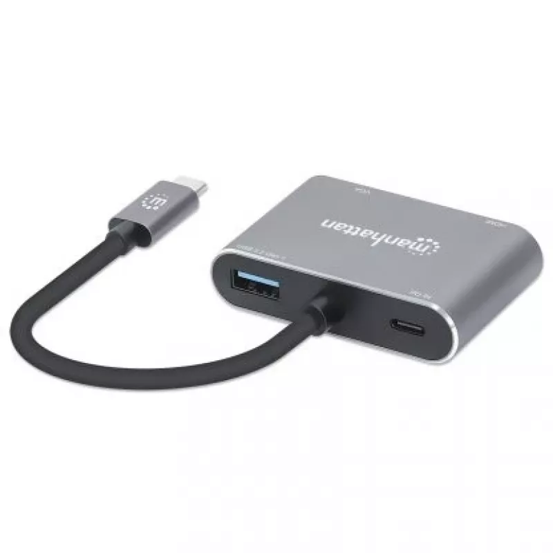 Manhattan USB-C dokstacija/sadalītājs, pieslēgvietas (x4): HDMI, USB-A, USB-C un VGA, ar strāvas padevi (PD) 87W - nepieciešams ārējs USB-C lādētājs (nav iekļauts). Darbināms ar USB (nav nepieciešams ārējs barošanas avots), kad PD netiek izmantots, alumīnija korpuss