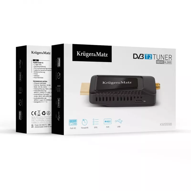 Mini DVB-T2 H.265 HEVC uztvērējs KRUGER & MATZ KM9998, 470–862 MHz, 1 uztvērējs, HDMI, USB, 720p
