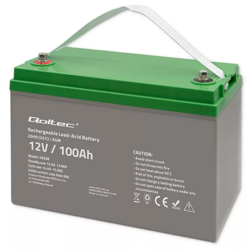 Qoltec 53038 AGM akumulators | 12V | 100Ah | maks. 1200A