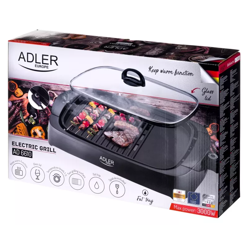 Galda elektriskais grils Adler AD 6610, 3000 W, melns, taisnstūra divu zonu reste + plāts