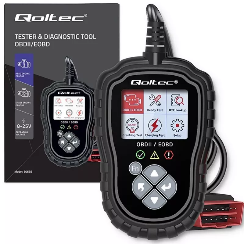 OBDII diagnostikas testētājs QOLTEC ProLine 50685 — transportlīdzekļa OBD-II skeneris 8V/25V sistēmām