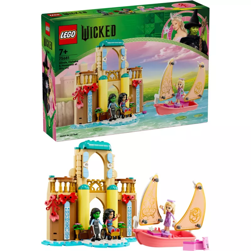 Konstrukciju rotaļlieta LEGO komplekts 75681 ar Wicked, Glinda, Elphaba, Nessarose un Shiz University minifigūrām