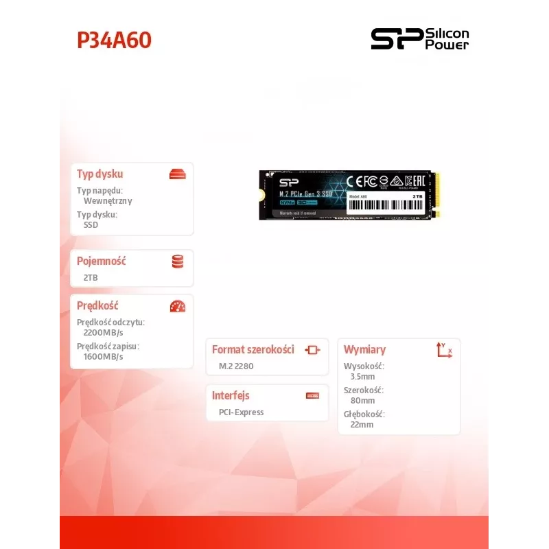 SSD M.2 NVMe Silicon Power P34A60 2 TB, PCIe 3.0 x4, lasīšana 2200 MB/s, rakstīšana 1600 MB/s