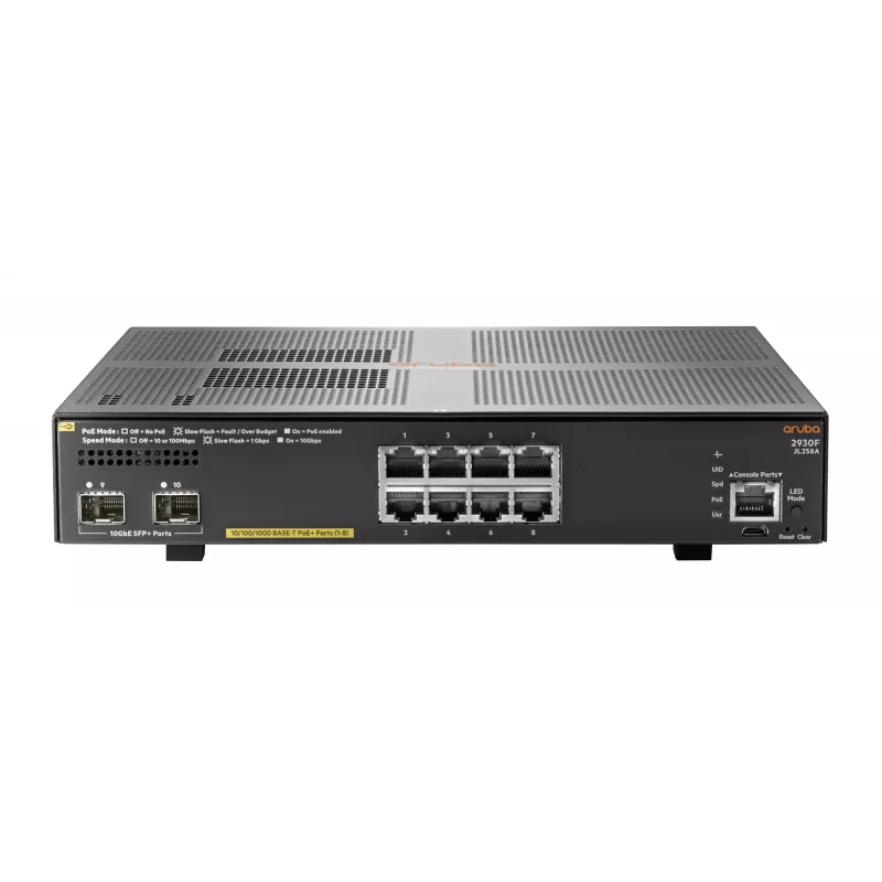 Hewlett Packard Enterprise HPE Aruba 2930F 8G PoE+ 2SFP+ - Slēdzis - L3 - pārvaldīts - 8 x 10/100/1000 (PoE+) + 2 x 1 Gigabit/10 Gigabit SFP+ (augšupsaite) - uzstādāms statīvā - PoE+ (125