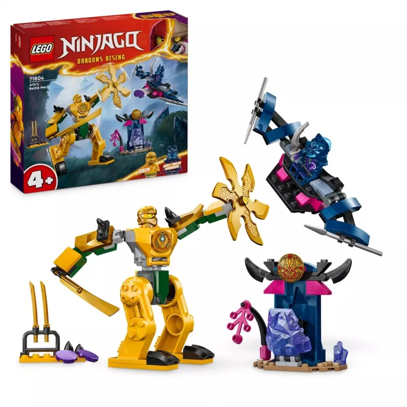 LEGO NINJAGO Arina kaujas meha darbības figūra, nindzju rotaļlieta 4+ gadus veciem zēniem, meitenēm un bērniem, Dragons Rising komplekts ar Arina minifigūru un mini Katu