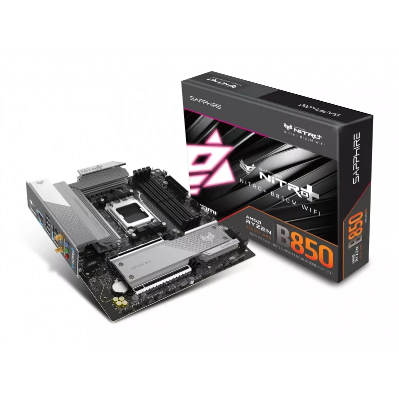 Mātesplate Sapphire NITRO+ B850M WIFI — AMD B850, ligzda AM5, micro ATX, DDR5, 4x DIMM, Wi‑Fi 6, 2.5Gb LAN, 2x M.2