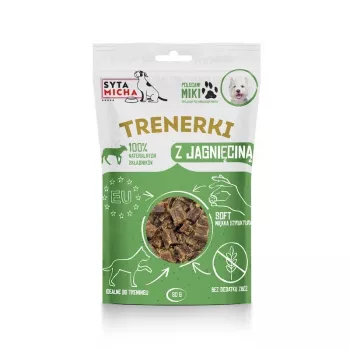 Suņu dresūras kārumi SYTA MICHA Trainers ar jēru 80 g — hipoalerģiski, bez graudiem un lipekļa, proteīns 47,8%, tauki 29,7%