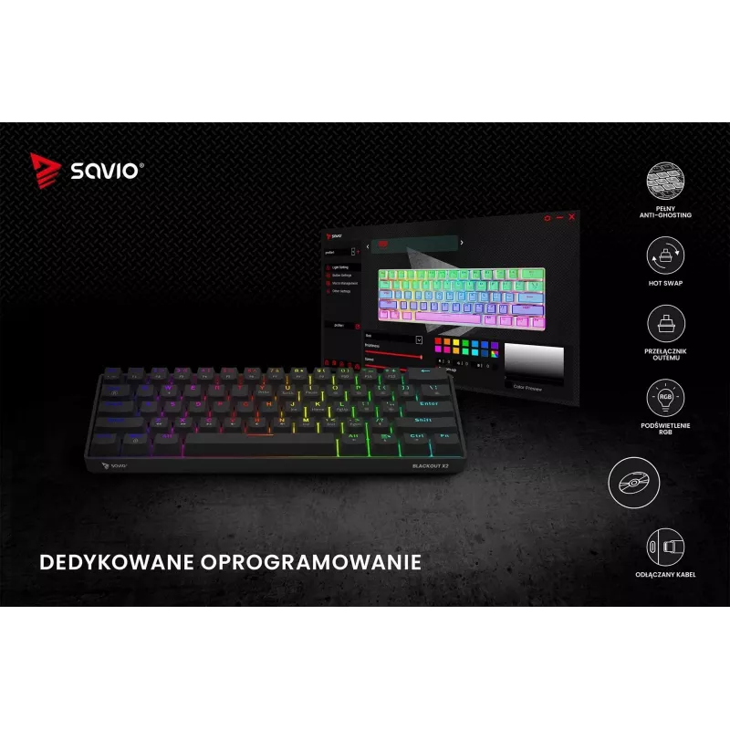 Mehāniskā spēļu tastatūra SAVIO MelnsOUT X2 PEACH — 61 taustiņu 60% QWERTY, RGB LED, hot-swap, USB Type-A/Type-C, noņemams kabelis