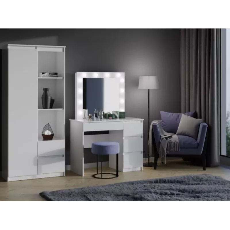 Tualetes galdiņa komplekts MIJAS, piemērota labročiem, top e shop — galds 98×76×51 cm, 4 atvilktnes, LED spogulis, balts, augstums 1460 mm