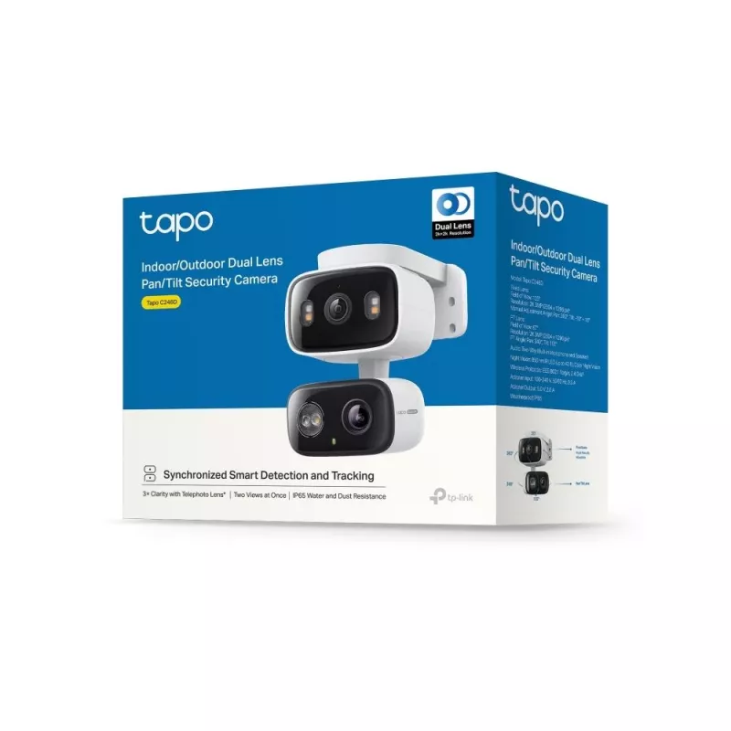 IP drošības kamera TP‑LINK Tapo C246D — 3 MP (2304×1296), 2,8 mm, 107,8° redzes lauks, PTZ divu objektīvu, IP65, Wi‑Fi/Gigabit, microSD līdz 512 GB