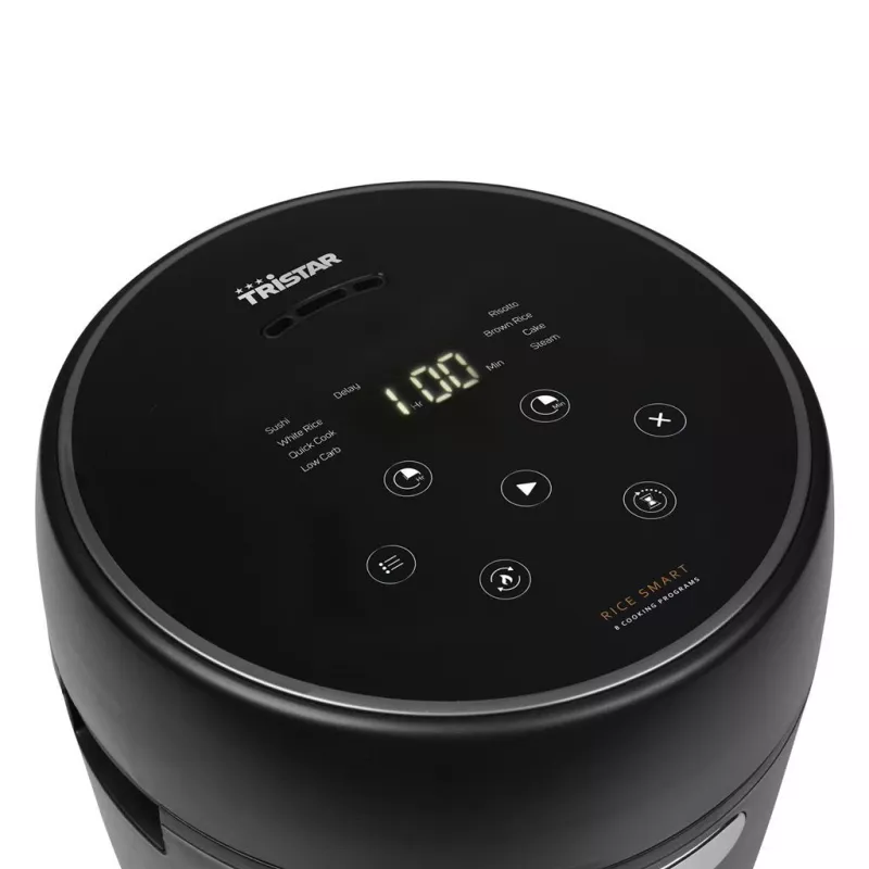 Rīsu vārītājs Tristar RK-6238 — digitāls, 0,6 L, 350 W, 8 programmas, siltuma saglabāšana, LCD, melns