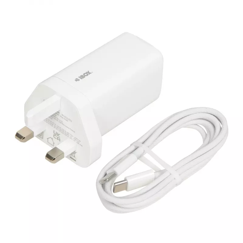 iBOX C-65 Balts, GaN 65W universāls lādētājs ar UK kontaktdakšu