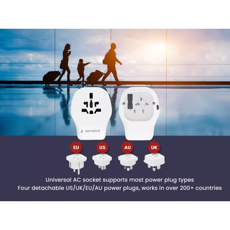 Sienas ceļojumu adapteris GEMBIRD TPA-1A2C20-02-W 20W — 1×USB-A + 2×USB-C, Type G spraudnis, 100–250V, balts