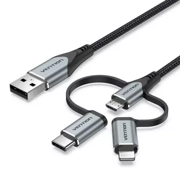 Vention USB 2.0 A vīr. uz 3-in-1 Micro-B&USB-C&Lightning vīr. kabelis 1M pelēks alumīnija sakausējuma tips