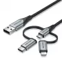 Vention USB 2.0 A vīr. uz 3-in-1 Micro-B&USB-C&Lightning vīr. kabelis 1M pelēks alumīnija sakausējuma tips