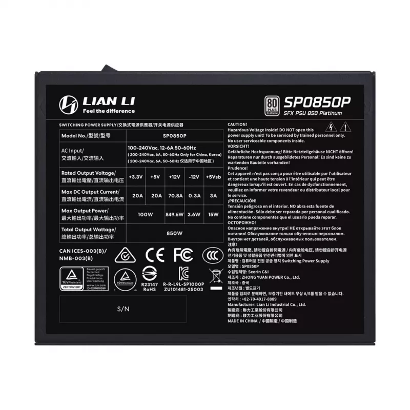 Barošanas bloks Lian Li SP Series Platinum SFX 850W pilnībā modulārs PCIe 5.1 ATX 3.1 (G9P.SP0850P.B000.EU)