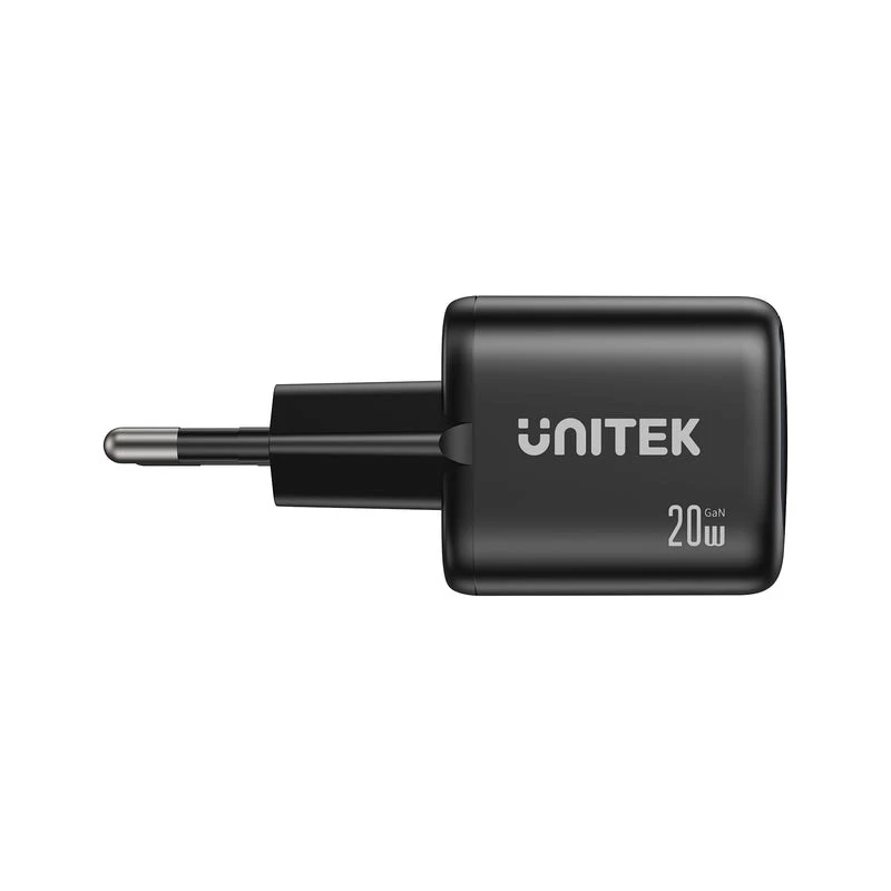 Sienas lādētājs Unitek P1128ABK01-EU — 2 portu GaN USB-C un USB-A, kopējā jauda 20W, melns