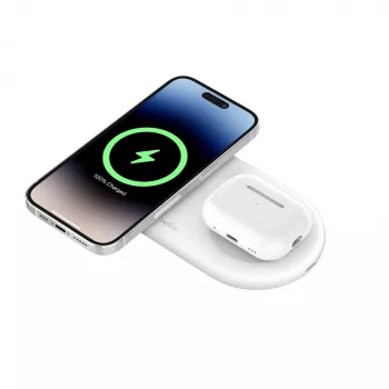 Belkin WIZ021VFWH - 2 vienā bezvadu uzlādes paliktnis ar Qi2 tehnoloģiju 15 W, balts