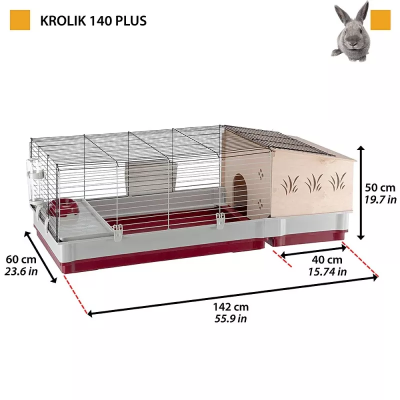 Būris Ferplast Krolik 140 Plus trušiem, pelēks/sarkans, P1420×D600×A500 mm, metāls/plastmasa