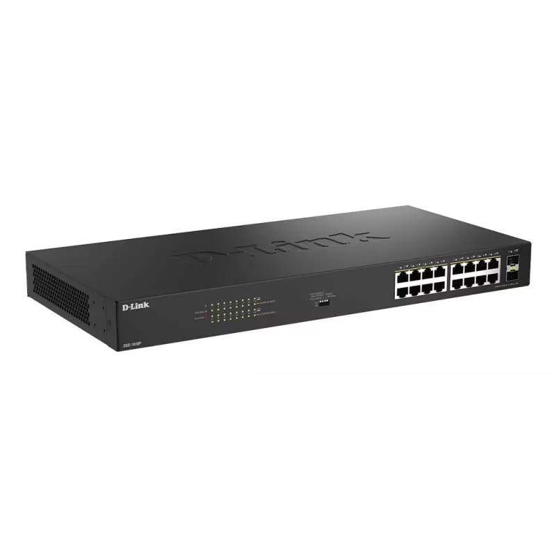 D-Link 18-portu gigabitu nevadāms PoE slēdzis DGS-1018P/E — 16 x gigabitu RJ-45, PoE (IEEE 802.3af/at), 36 Gbit/s komutācijas jauda