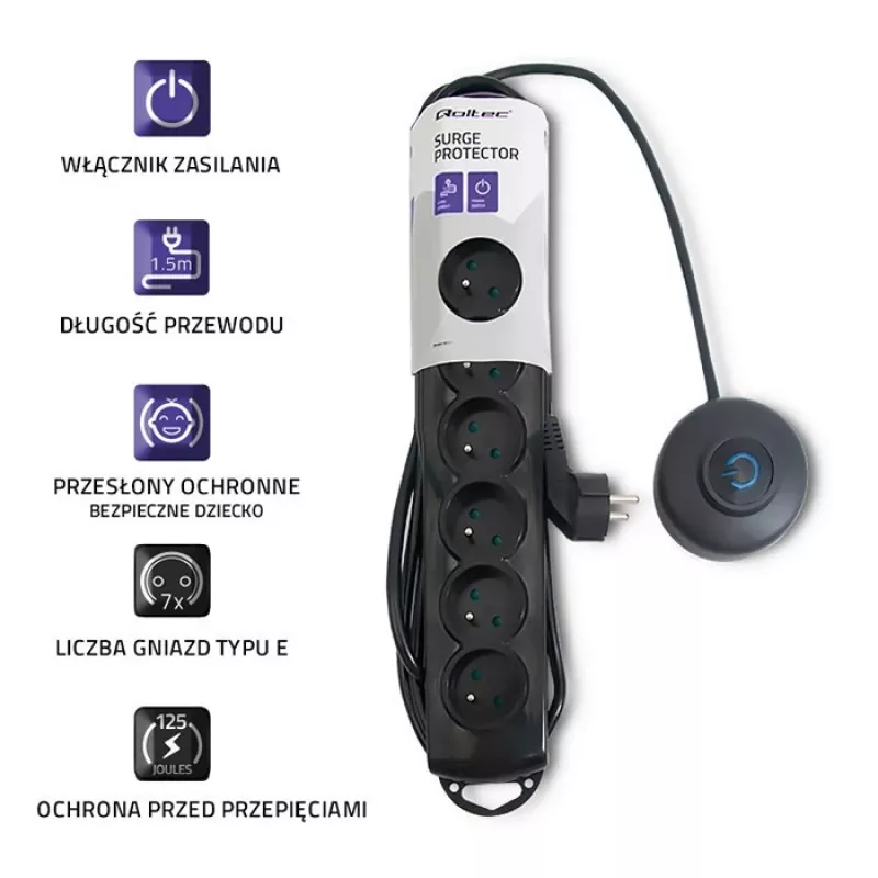 Pārsprieguma aizsargs Qoltec 50171 melns 7 maiņstrāvas rozetes 230 V 1,5 m