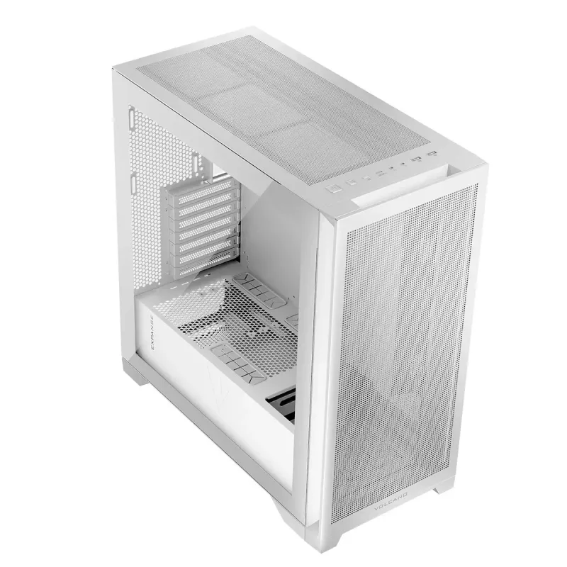 PC korpuss MODECOM VOLCANO EXPANSE S MIDI Tower — balts, microATX, rūdīts stikls, USB-C, atbalsta GPU 430 mm