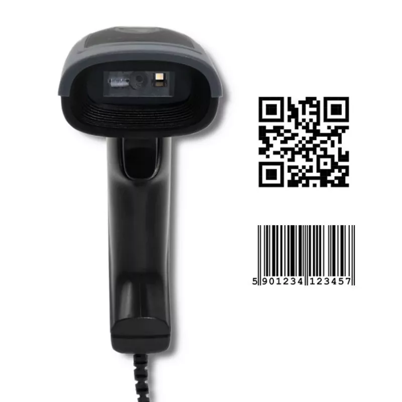 Rokas svītrkodu lasītājs QOLTEC 50863 — 1D/2D skeneris, USB vadu savienojums, LED sensors, melns, 5V, 1,8 m kabelis