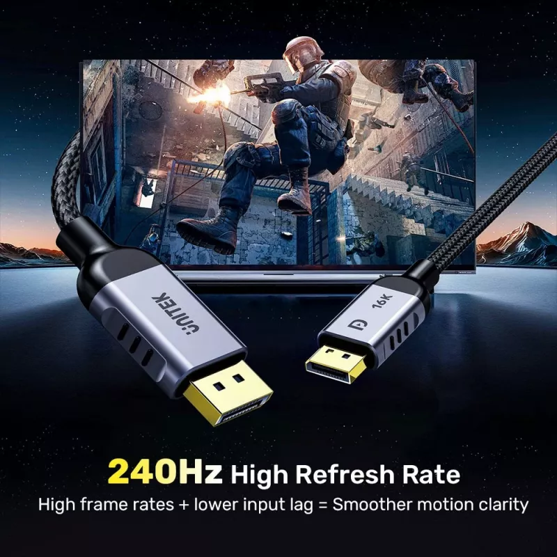 DisplayPort kabelis Unitek C1626GY01-1.5M — 1,5 m, DisplayPort 2.1, vīr.-vīr., 360 Hz, 15360×8640, pelēks