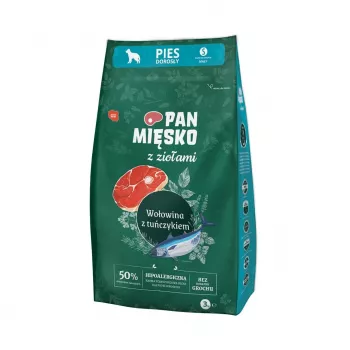 Sausa suņu barība Pan Miesko liellopu gaļa ar garšaugiem un tunci 3 kg — pieaugušiem suņiem, 30% proteīna, 20% tauku, bez glutēna un sojas