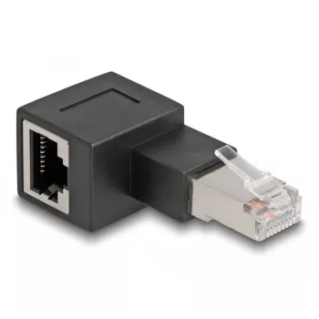 DeLOCK RJ45 spraudnis uz RJ45 ligzdas adapteris Cat.6A 90° pa kreisi leņķots melns