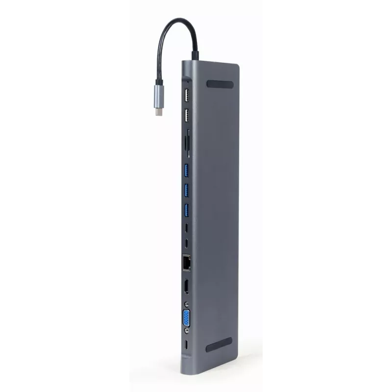 Gembird A-CM-COMBO9-01 USB Type-C 9-in-1 daudzportu adapteris (USB centrmezgls + HDMI + VGA + PD + karšu lasītājs + LAN + 3,5 mm audio), kosmosa pelēks